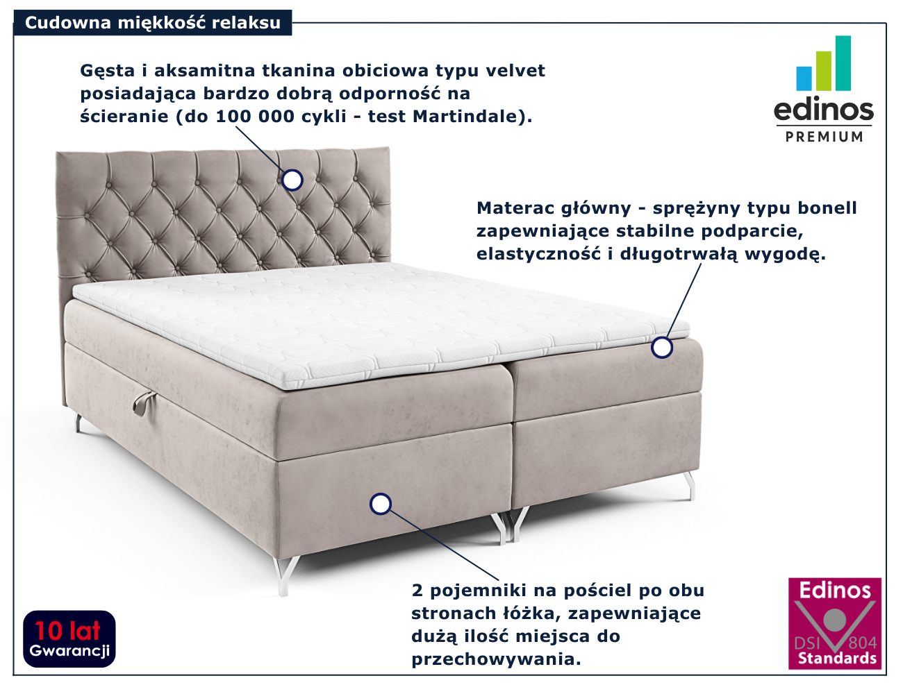 Szaro-beżowe tapicerowane łóżko z pikowanym zagłówkiem Lunavello