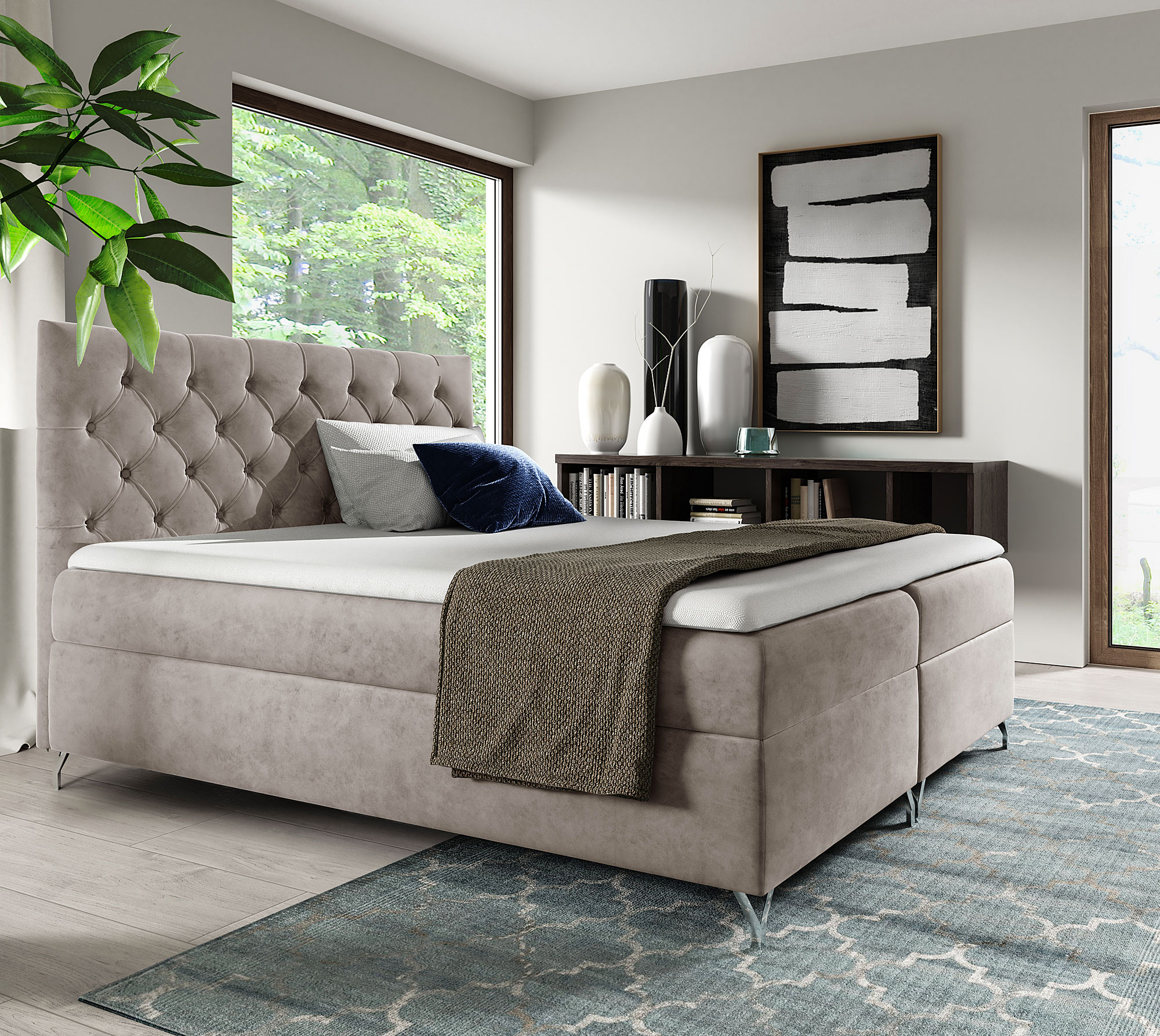 Aranżacja sypialni z szaro-beżowym łóżkiem kontynentalnym Lunavello