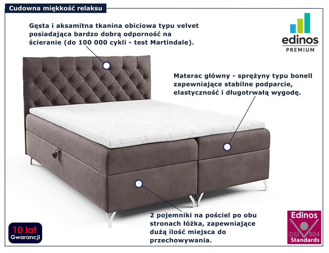 Brązowe tapicerowane łóżko z pikowanym zagłówkiem Lunavello 3X