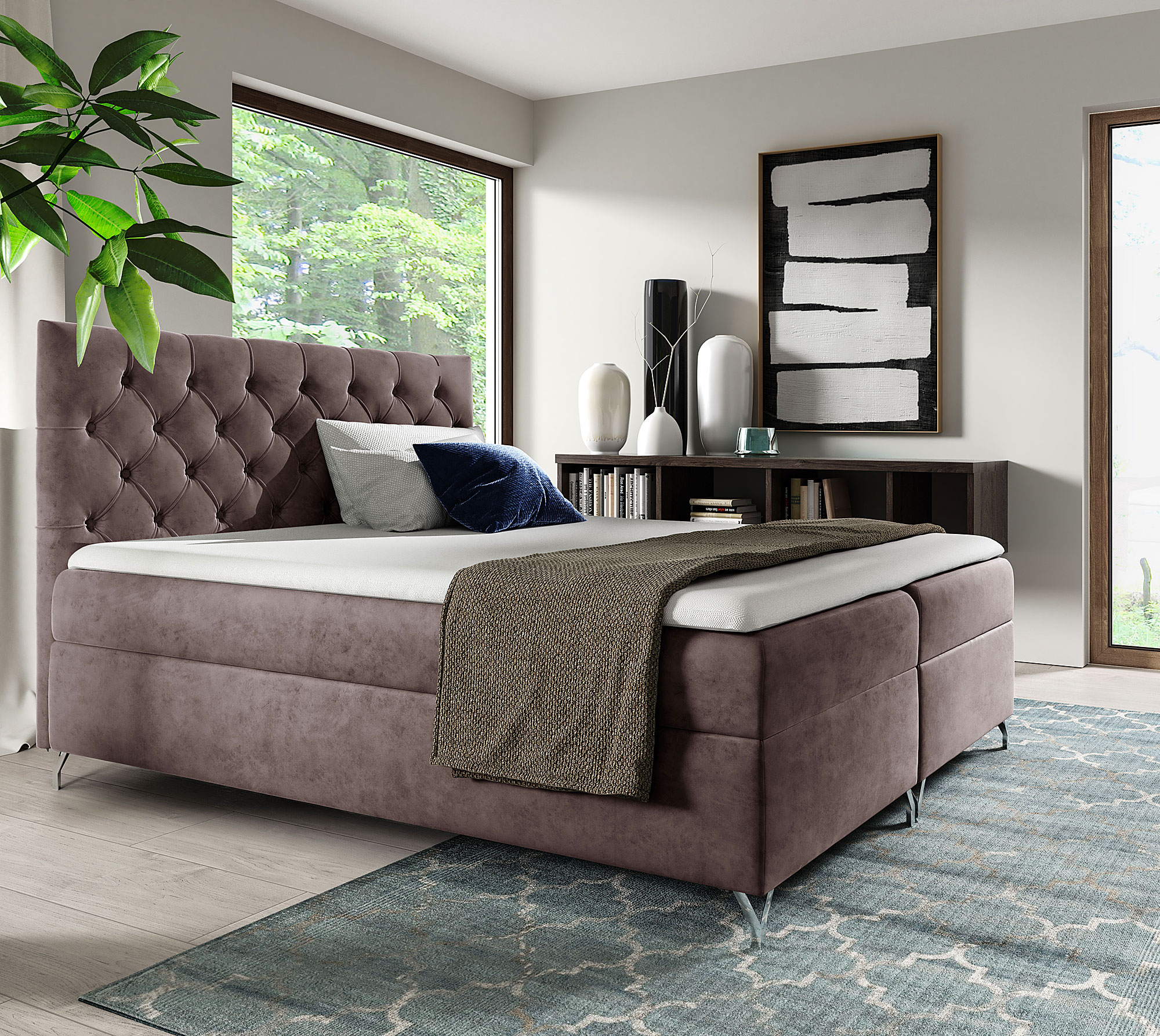 Aranżacja sypialni z brązowym łóżkiem kontynentalnym Lunavello 3X