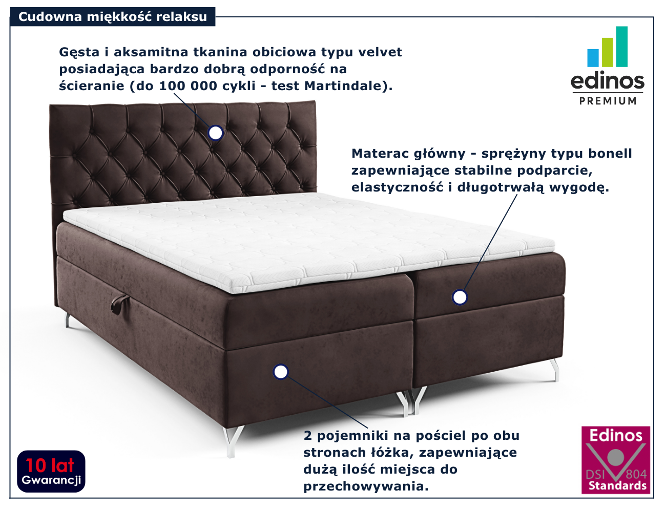 Ciemnobrązowe tapicerowane łóżko z pikowanym zagłówkiem Lunavello 3X