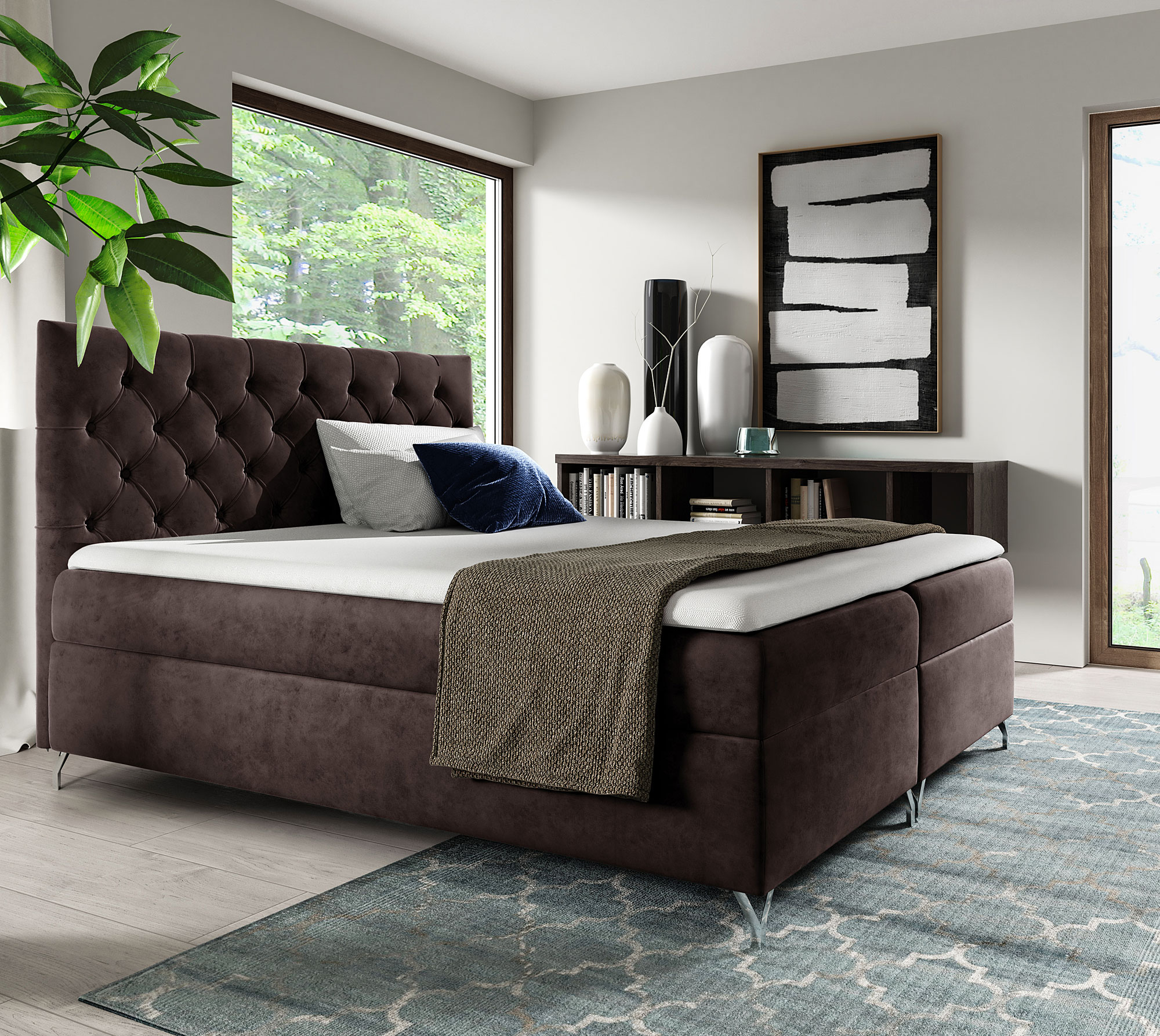 Aranżacja sypialni z ciemnobrązowym łóżkiem kontynentalnym Lunavello 3X