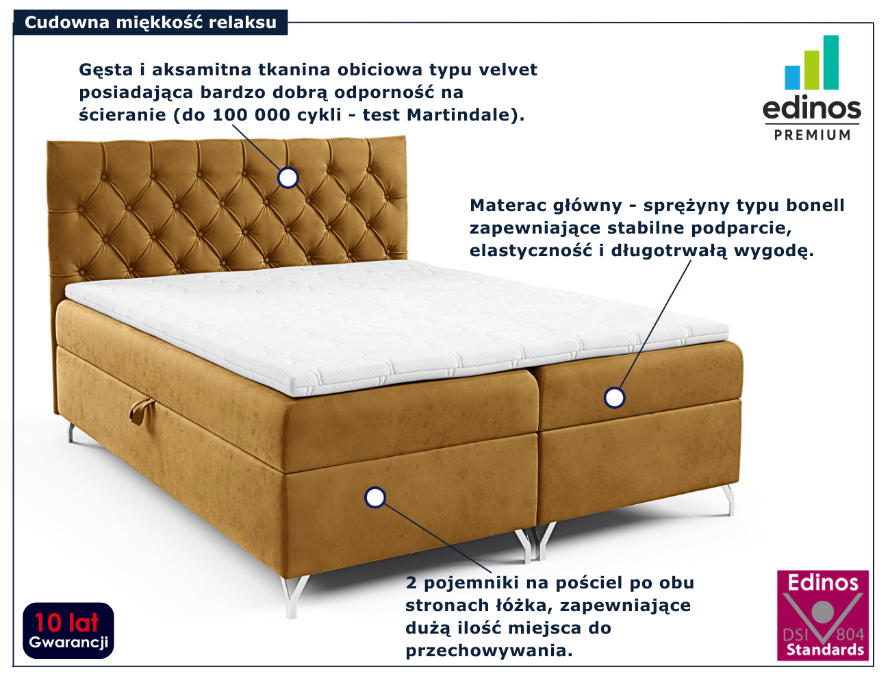 Musztardowe tapicerowane łóżko z pikowanym zagłówkiem Lunavello 3X