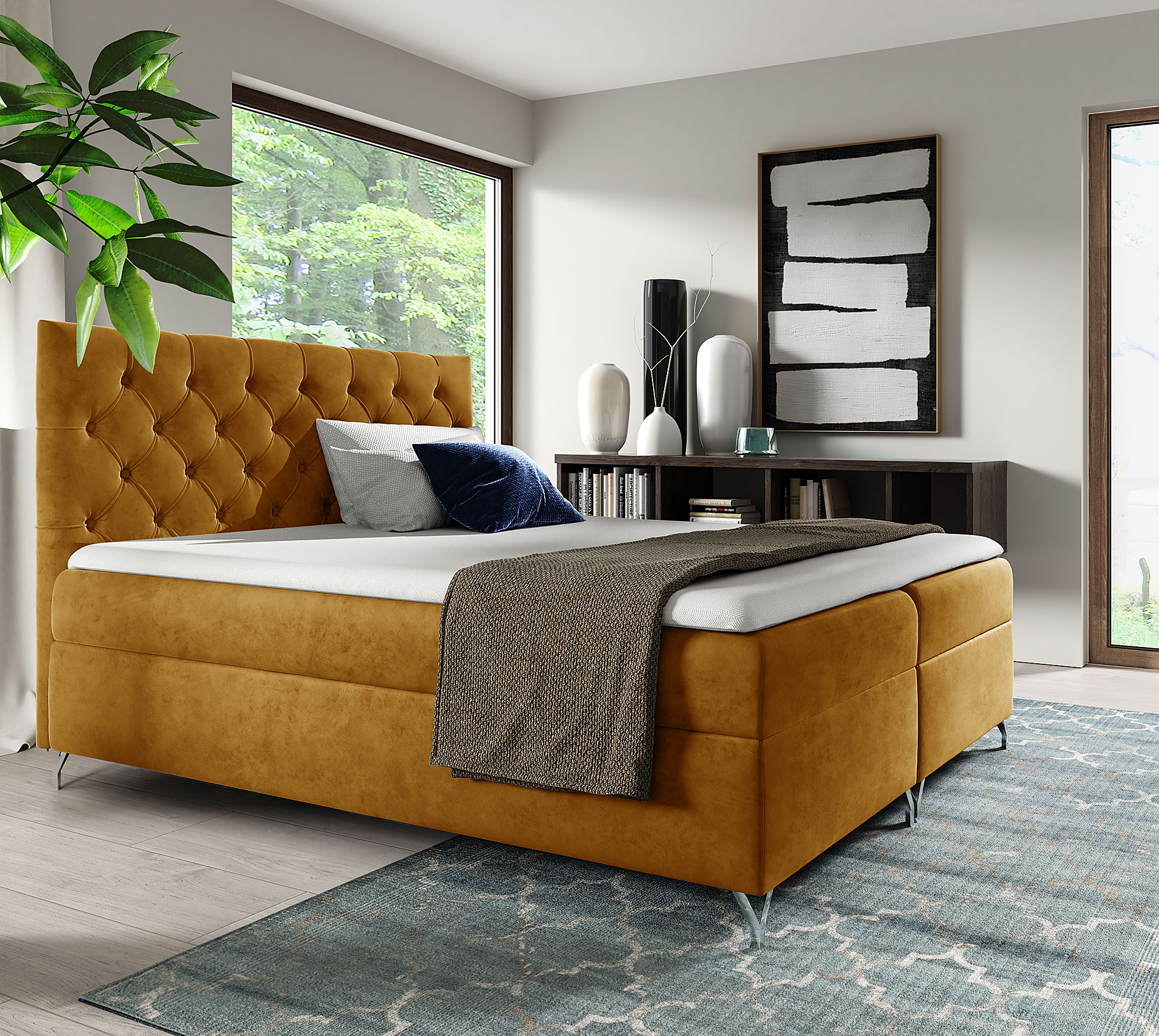 Aranżacja sypialni z musztardowym łóżkiem kontynentalnym Lunavello 3X