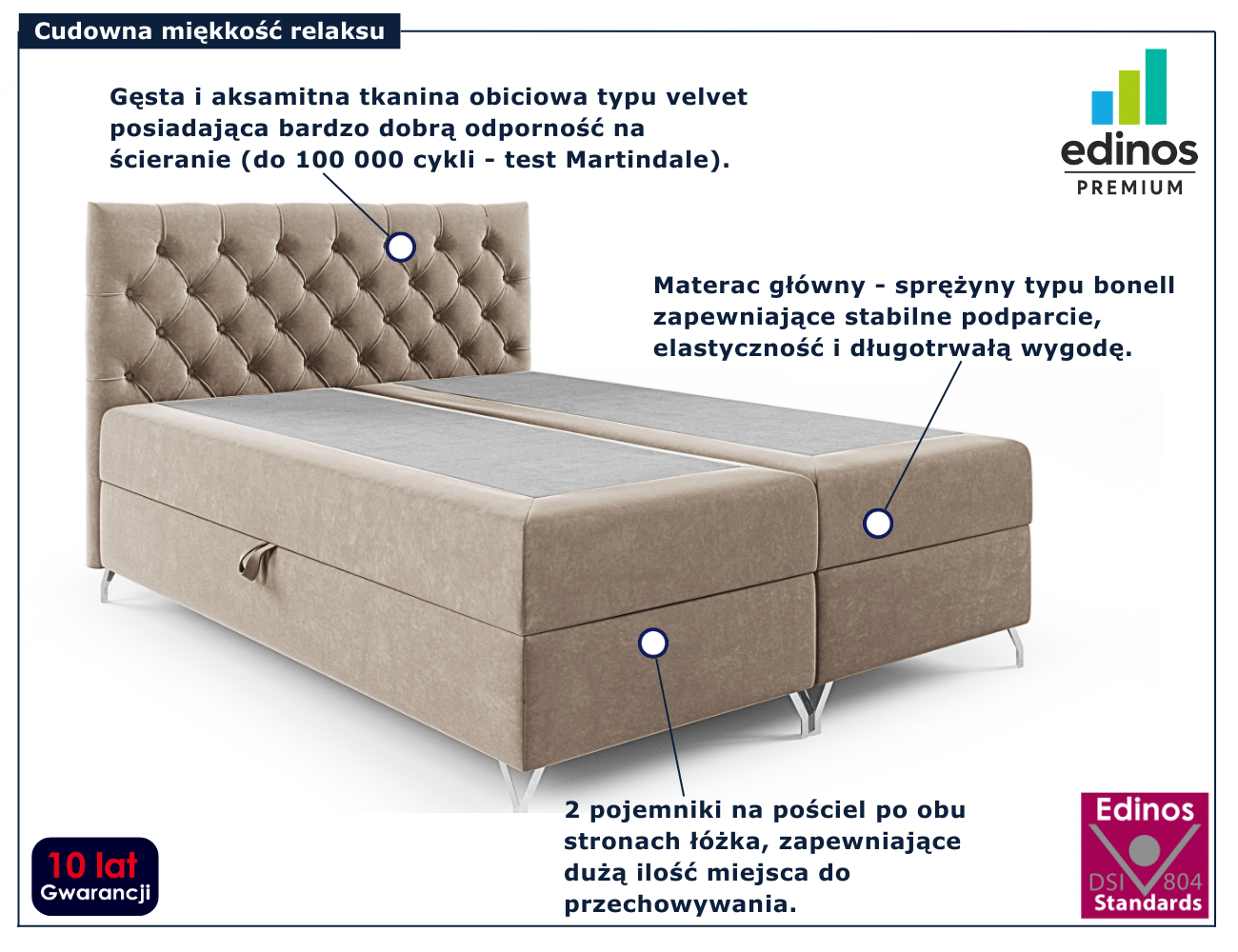 Beżowe tapicerowane łóżko z pikowanym zagłówkiem Lunavello 4X