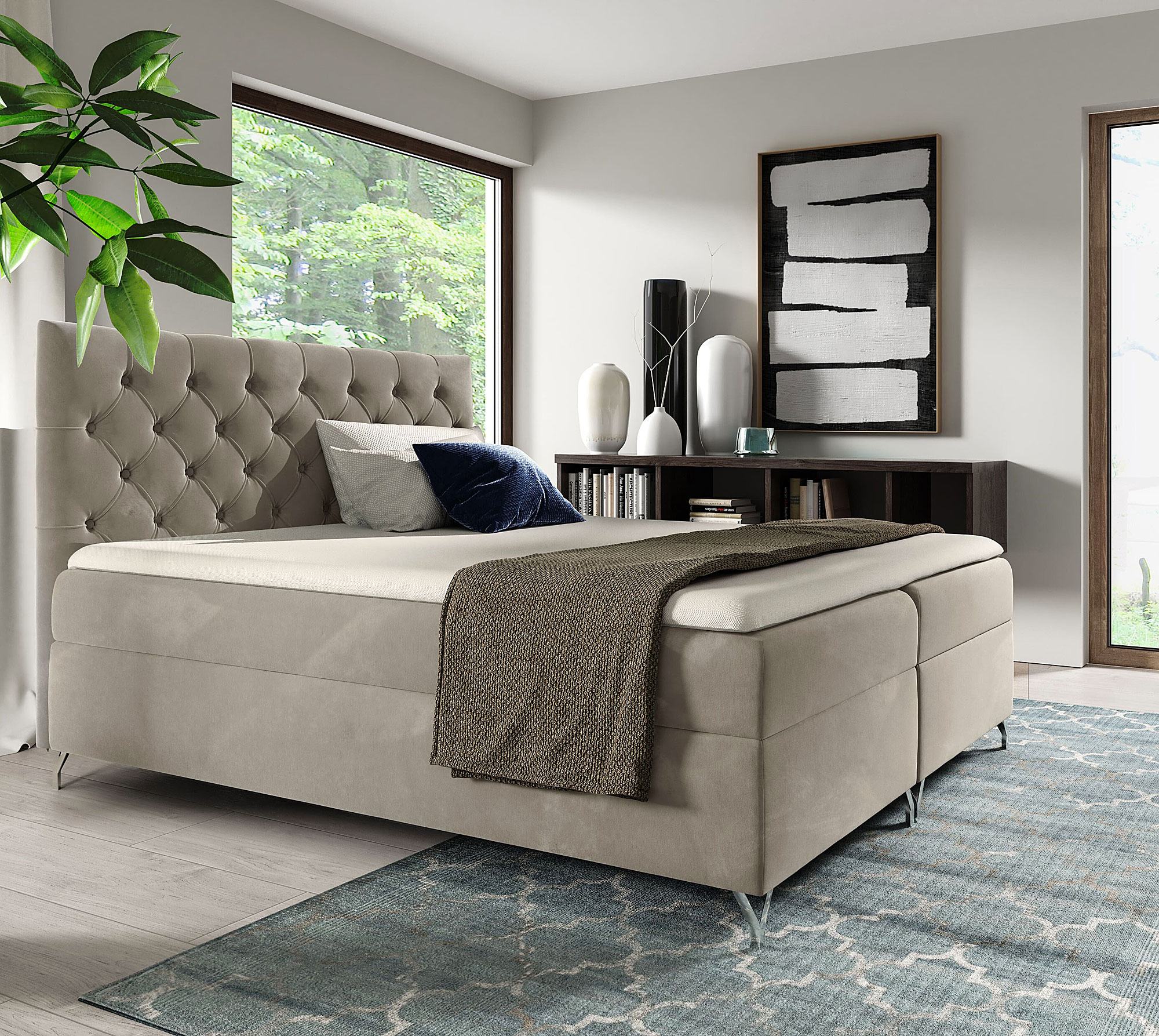 Aranżacja sypialni z beżowym łóżkiem kontynentalnym Lunavello 4X