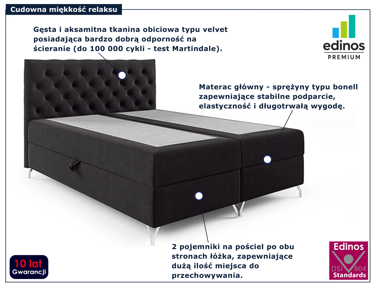 Czarne tapicerowane łóżko z pikowanym zagłówkiem Lunavello 4X
