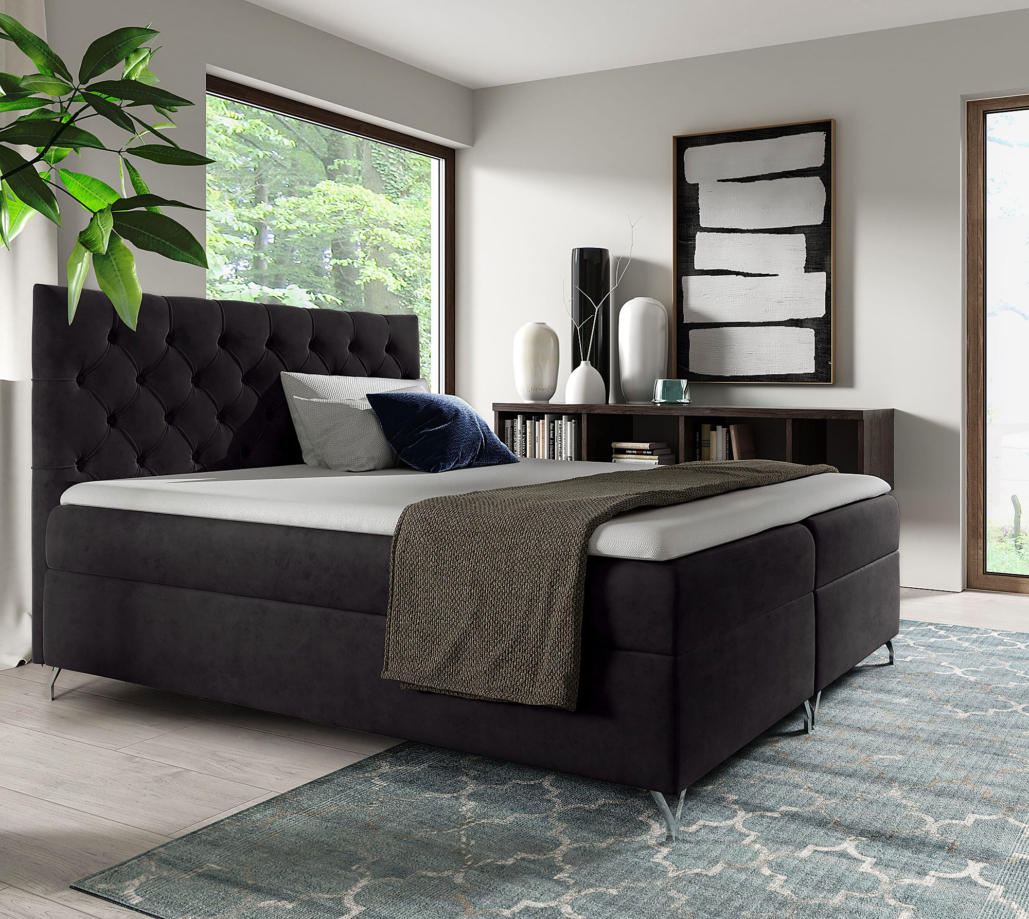 Aranżacja sypialni z czarnym łóżkiem kontynentalnym Lunavello 4X