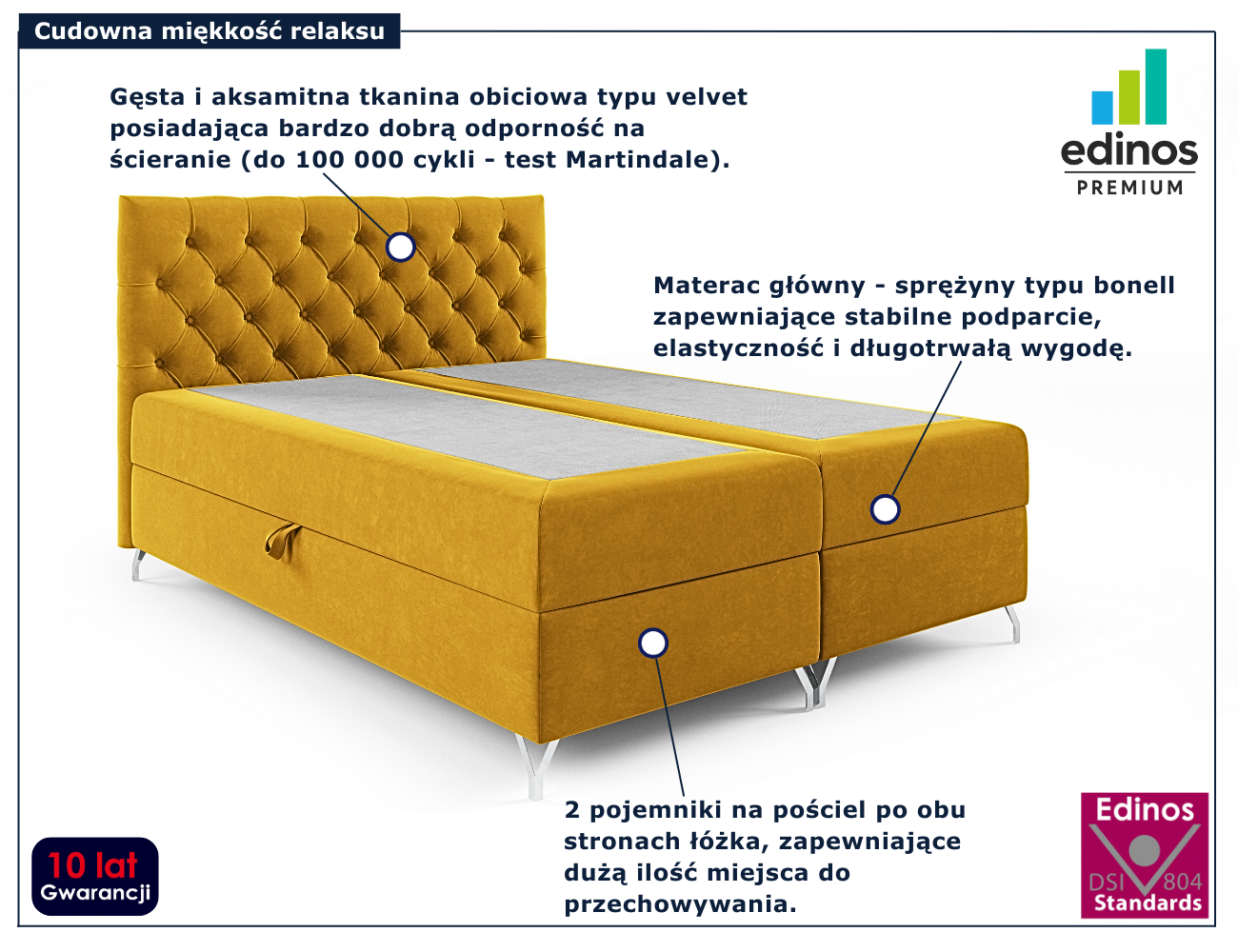 Żółte tapicerowane łóżko z pikowanym zagłówkiem Lunavello 4X