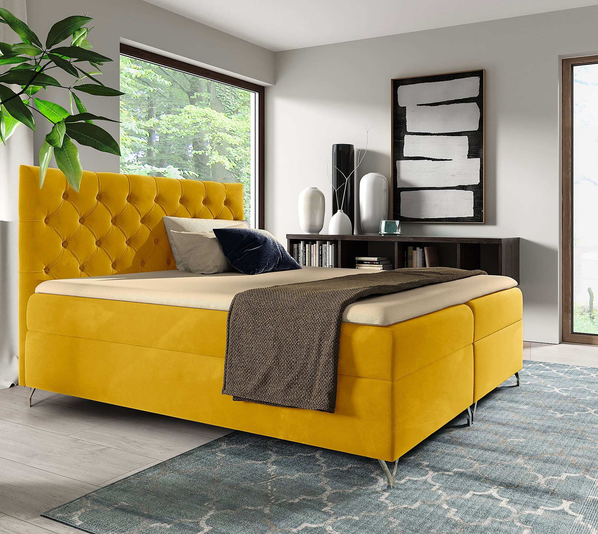 Aranżacja sypialni z żółtym łóżkiem kontynentalnym Lunavello 4X