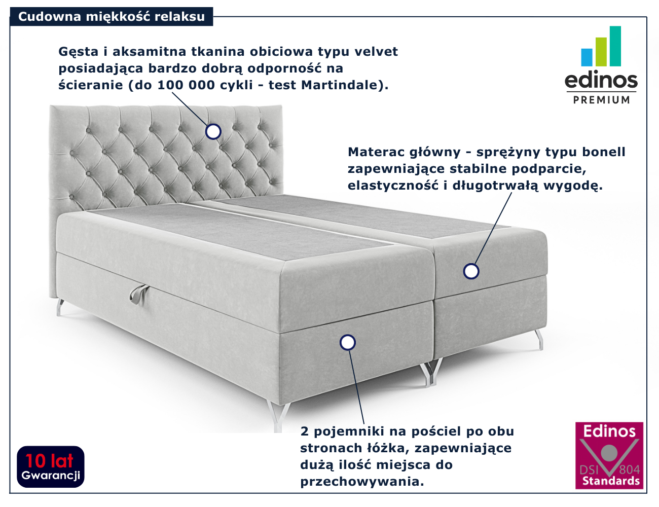 Jasnoszare tapicerowane łóżko z pikowanym zagłówkiem Lunavello 4X