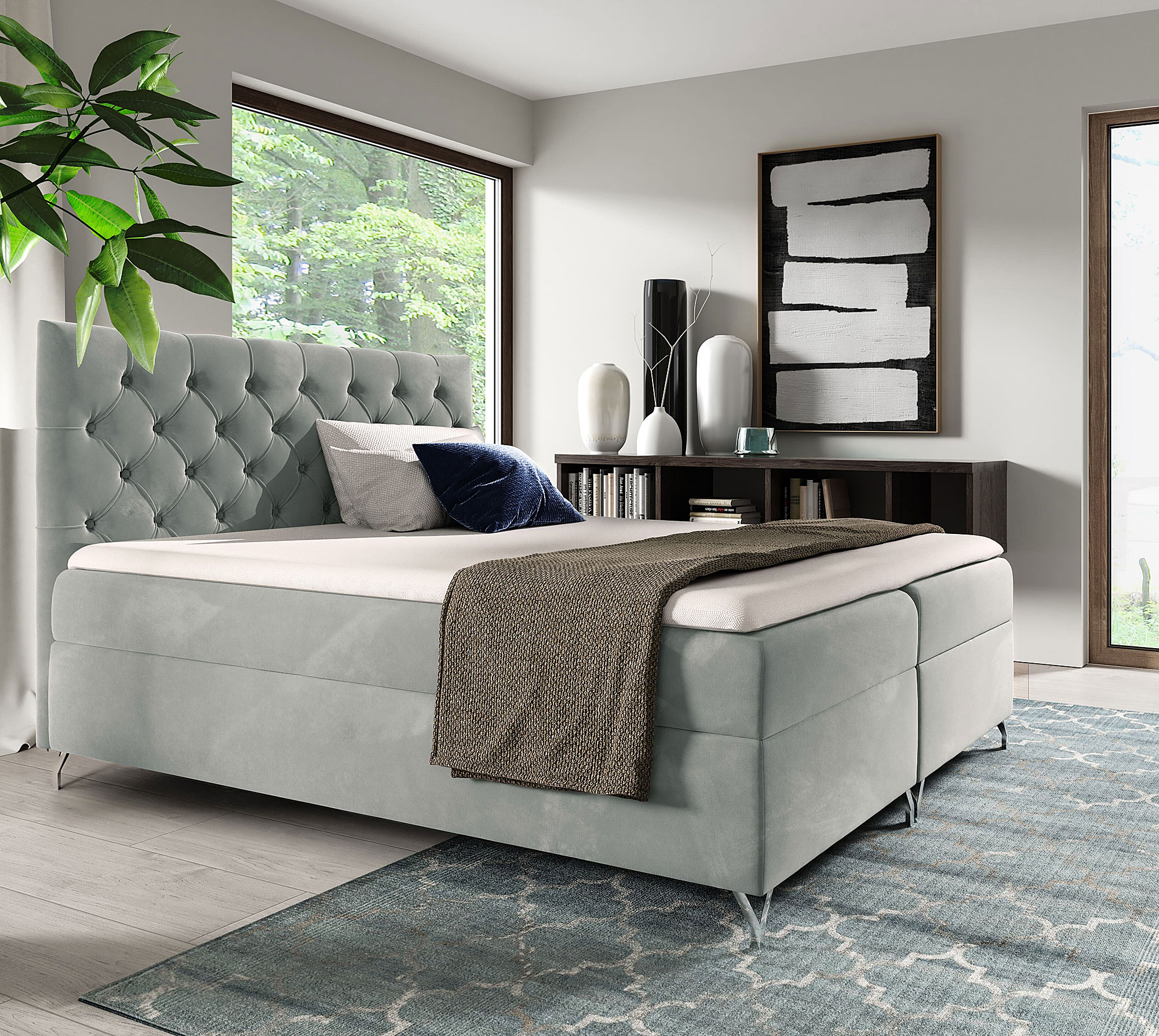 Aranżacja sypialni z jasnoszarym łóżkiem kontynentalnym Lunavello 4X