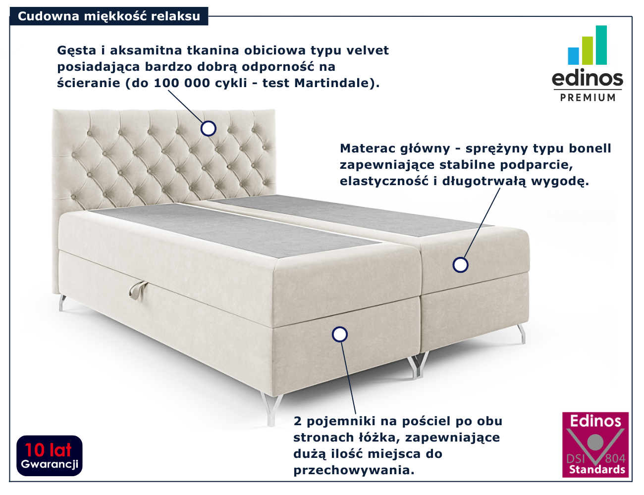 Kremowe tapicerowane łóżko z pikowanym zagłówkiem Lunavello 4X