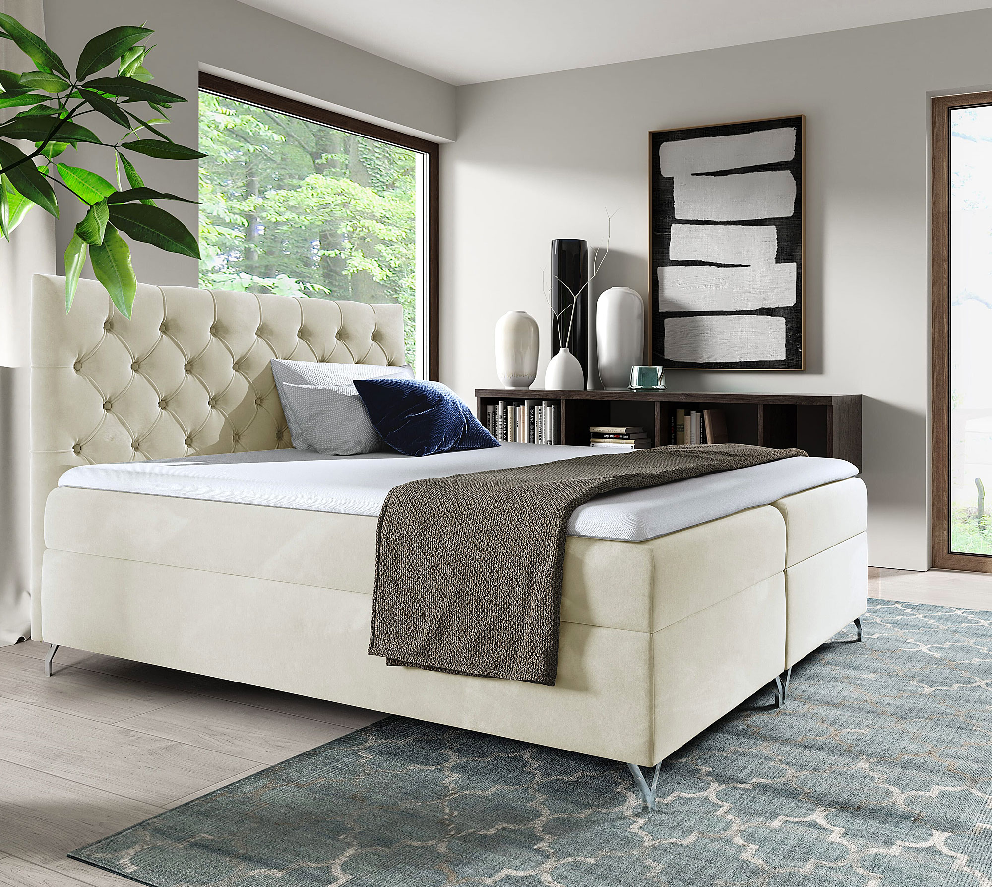 Aranżacja sypialni z kremowym łóżkiem kontynentalnym Lunavello 4X