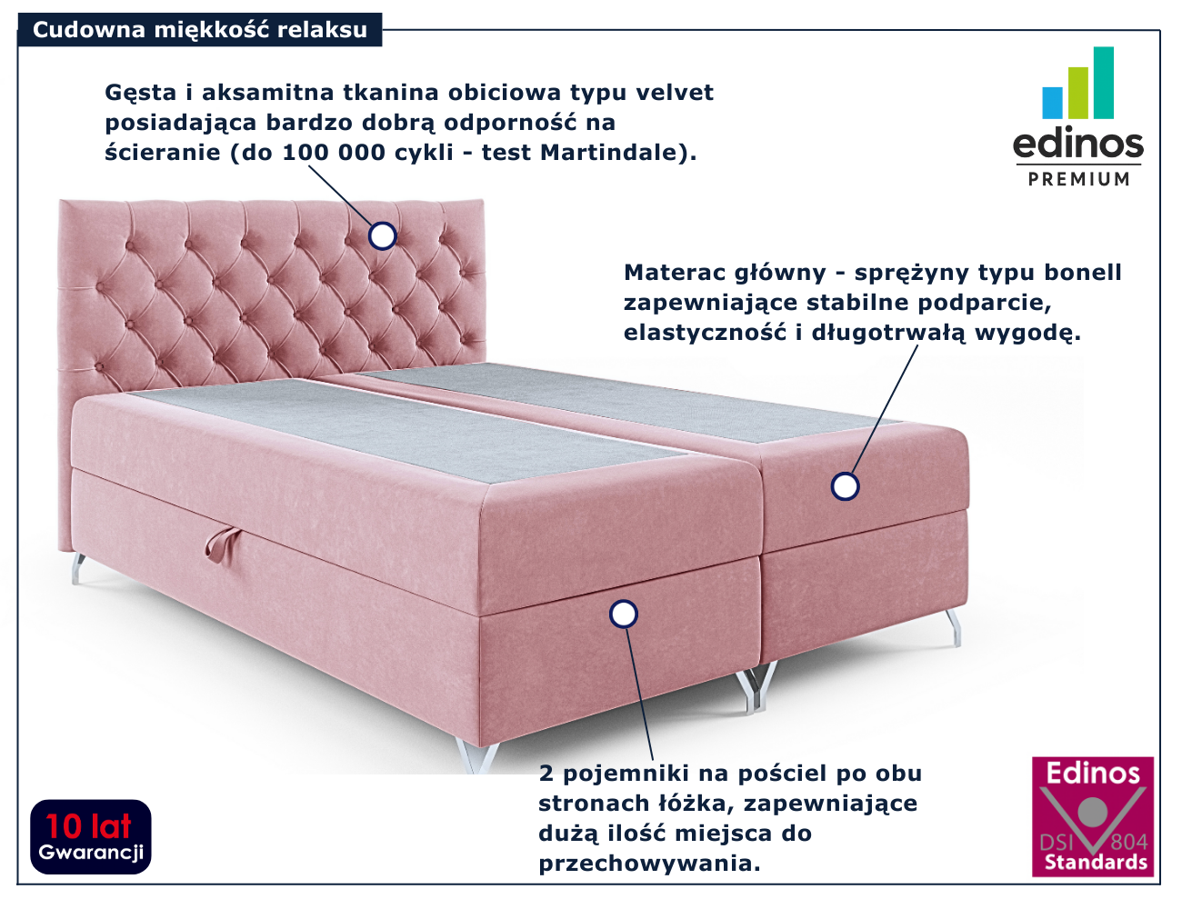 Różowe tapicerowane łóżko z pikowanym zagłówkiem Lunavello 4X