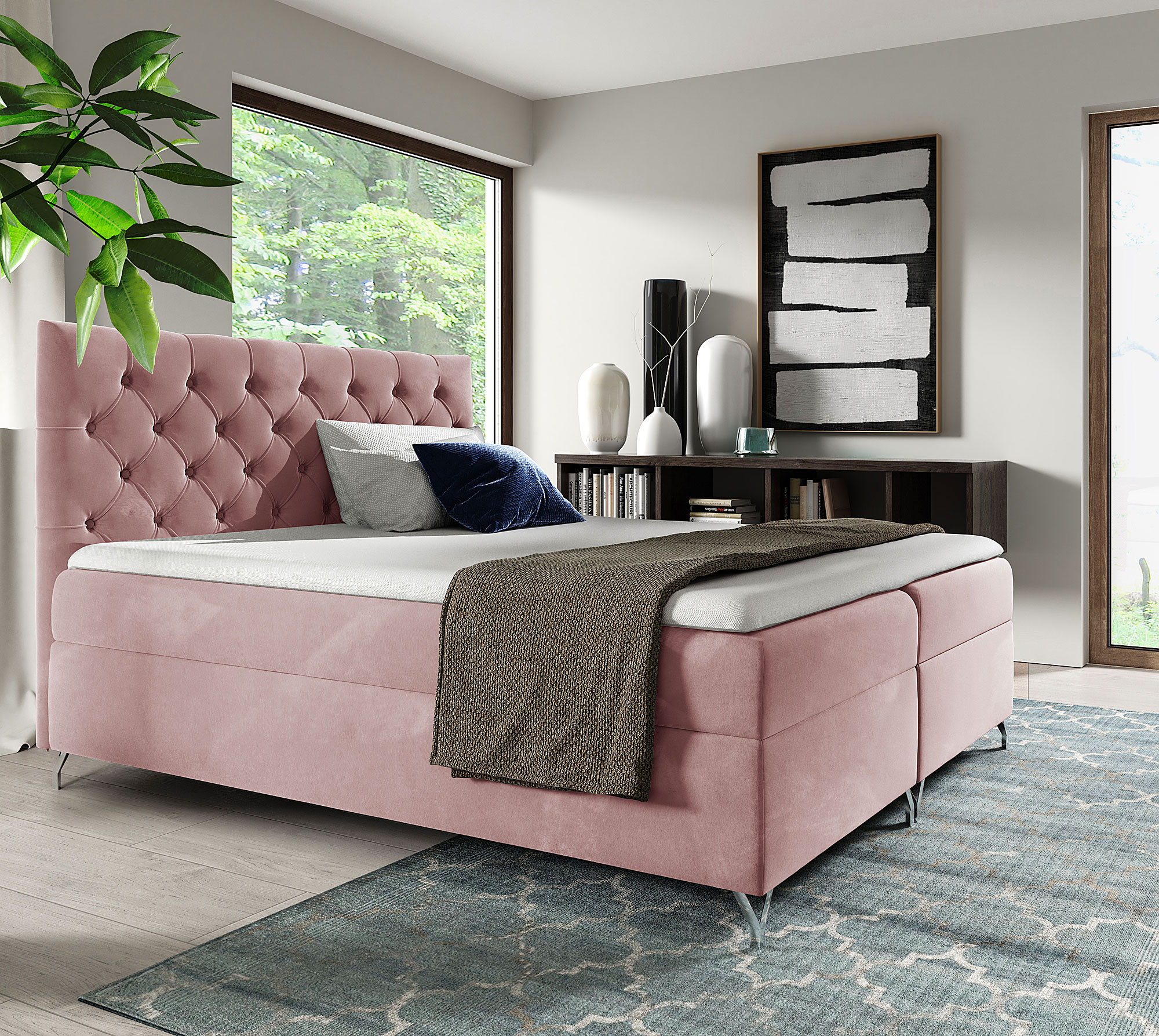 Aranżacja sypialni z różowym łóżkiem kontynentalnym Lunavello 4X