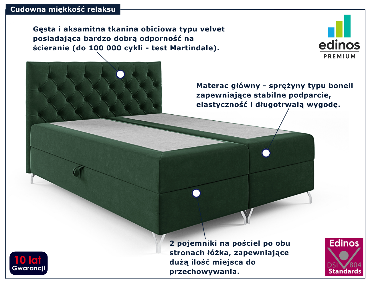 Zielone tapicerowane łóżko z pikowanym zagłówkiem Lunavello 4X