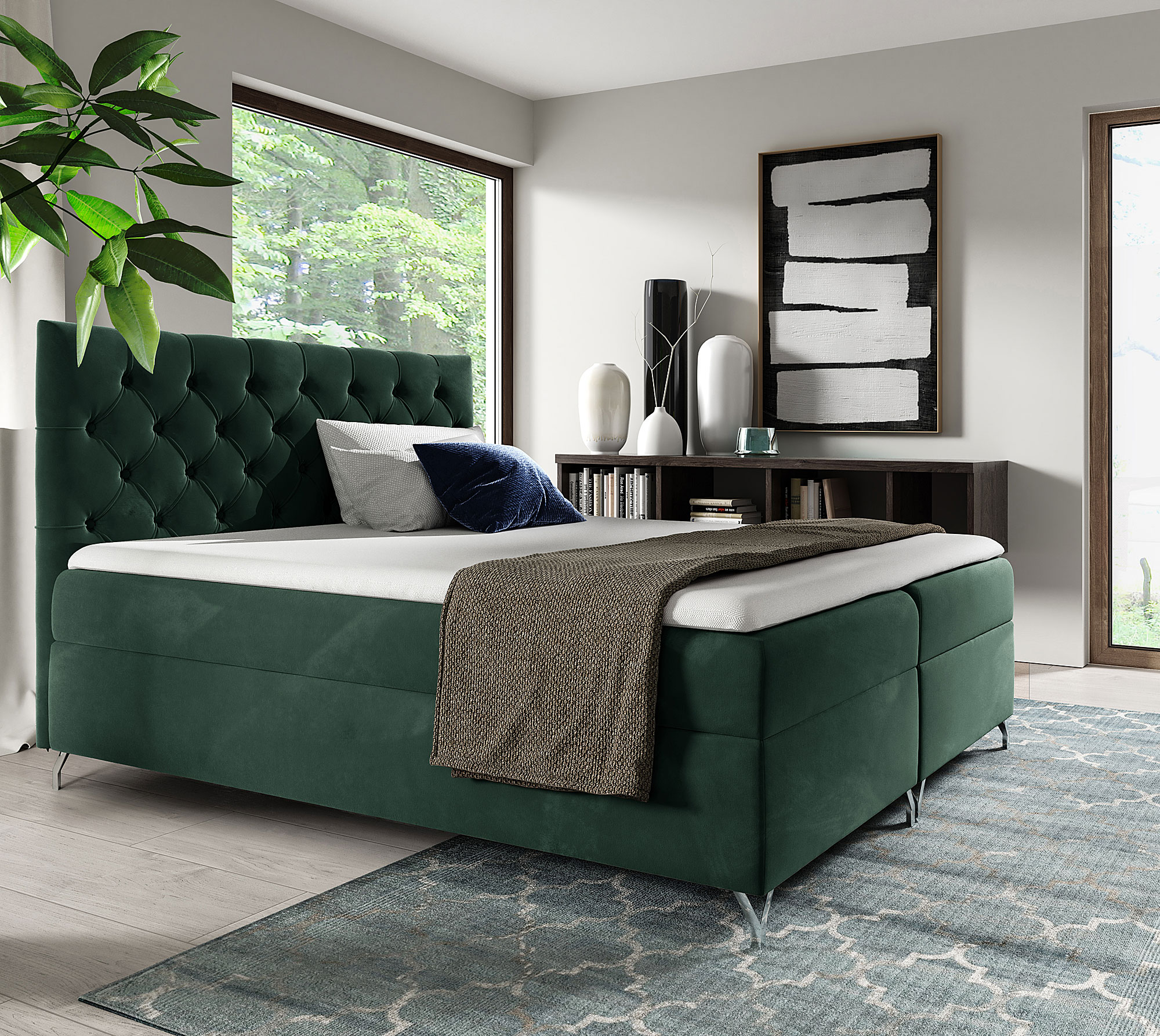 Aranżacja sypialni z zielonym łóżkiem kontynentalnym Lunavello 4X