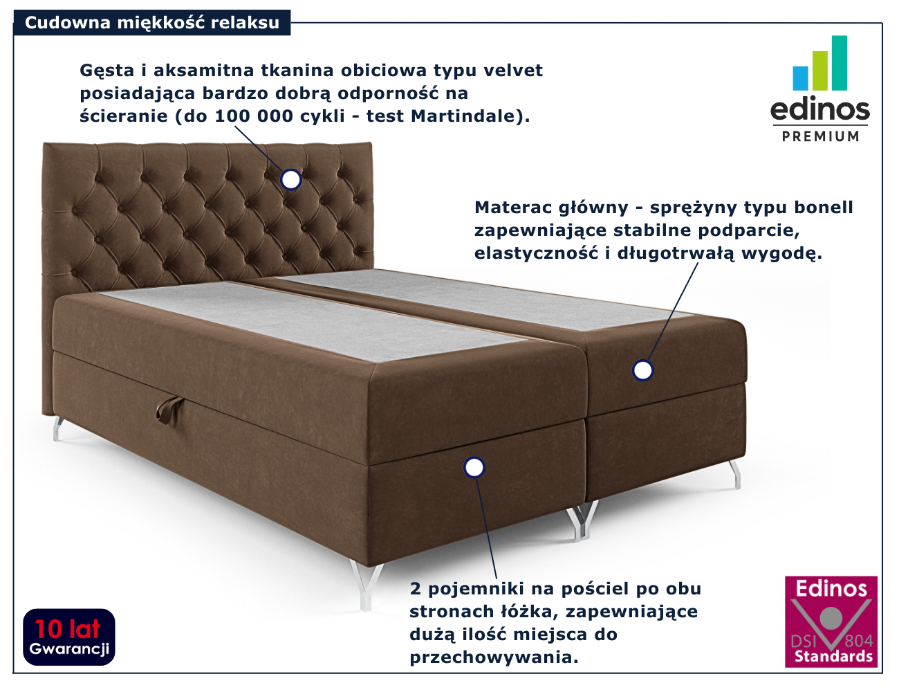 Brązowe tapicerowane łóżko z pikowanym zagłówkiem Lunavello 4X