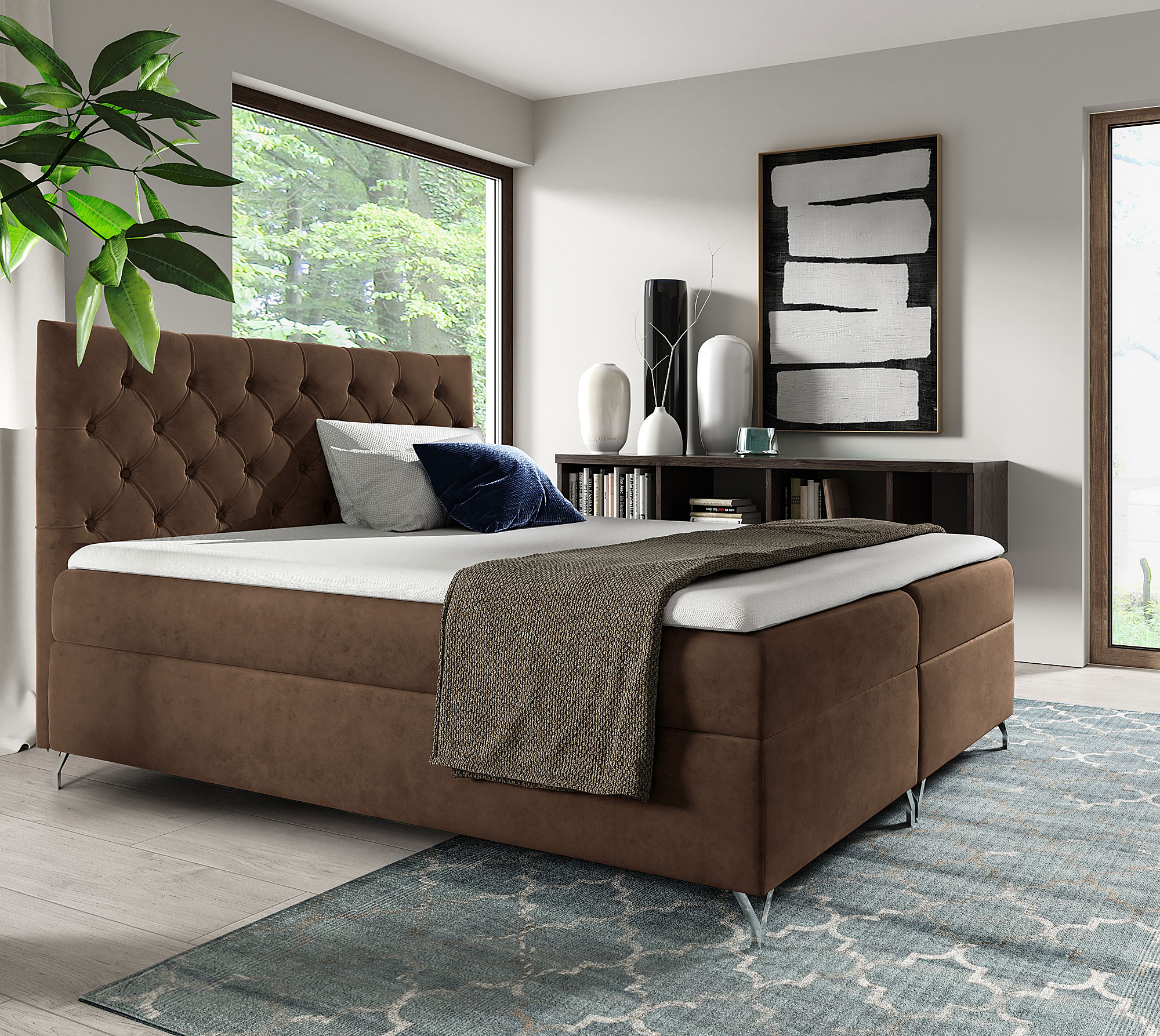 Aranżacja sypialni z brązowym łóżkiem kontynentalnym Lunavello 4X