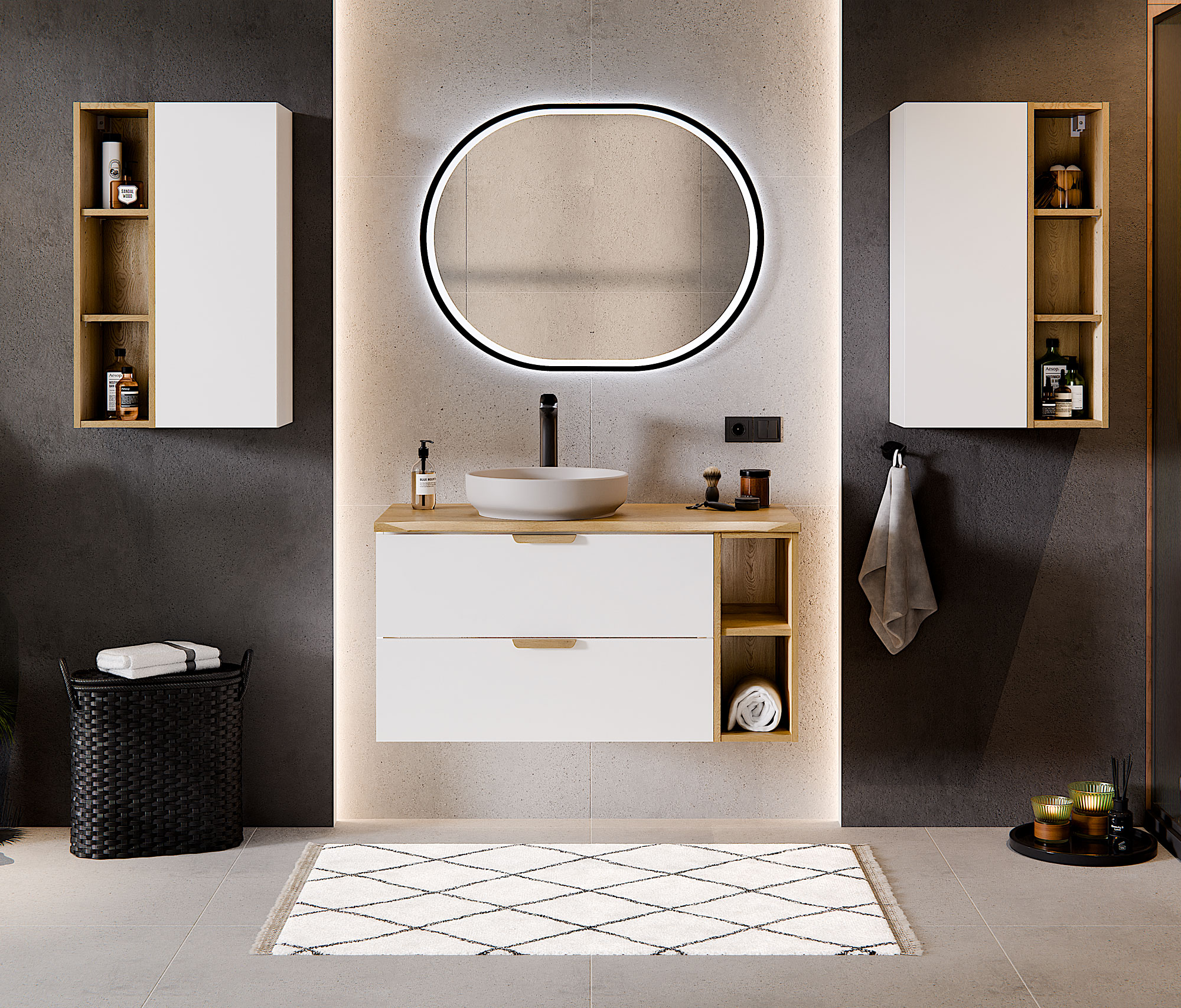 Aranżacja łazienki z kolekcją białych mebli łazienkowych Verdessa 