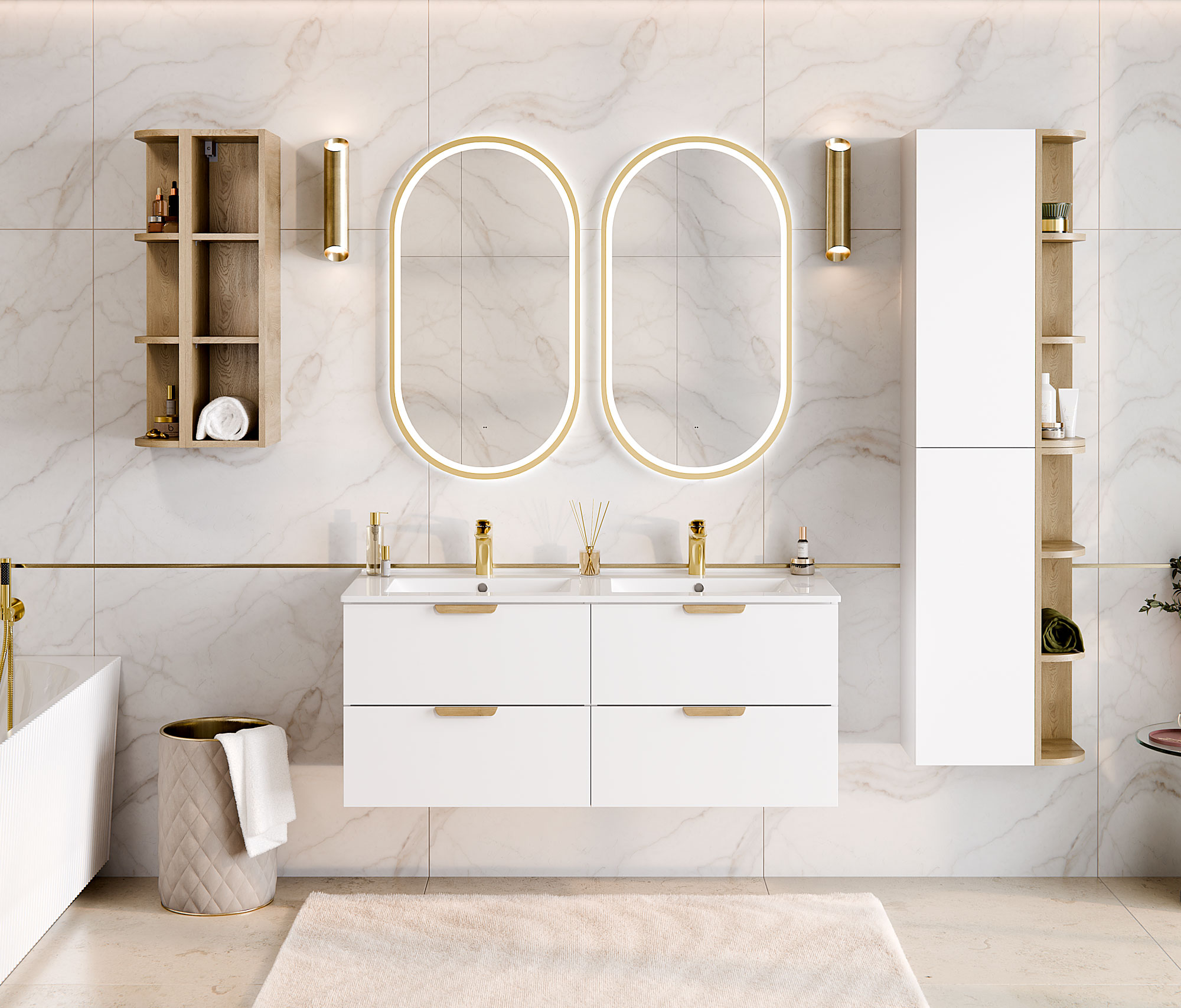 Aranżacja łazienki z kolekcją białych mebli łazienkowych Verdessa 