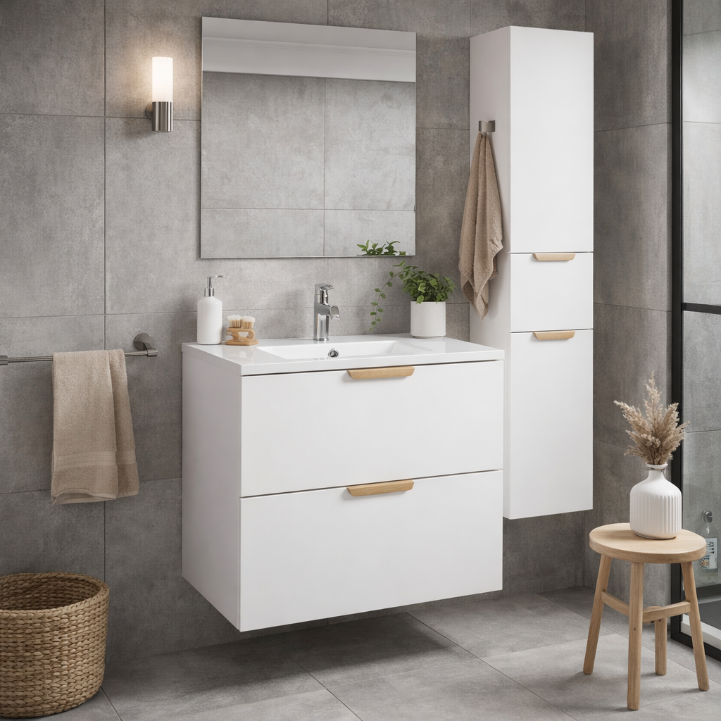 Aranżacja łazienki z kolekcją białych mebli łazienkowych Verdessa 