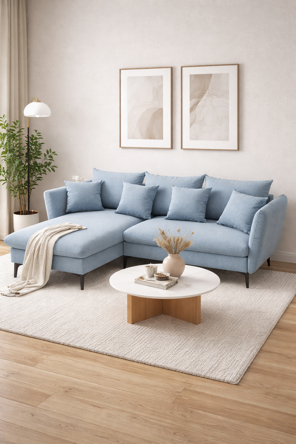 Nowoczesny salon z wykorzystaniem niebieskiego narożnika Pessio 3X