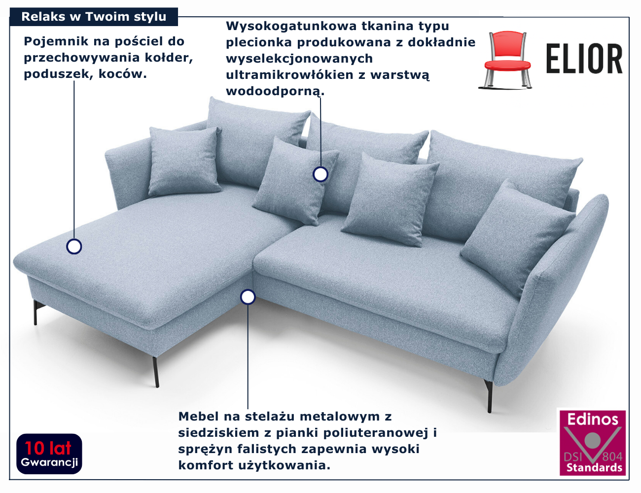 Niebieski narożnik tapicerowany tkaniną Pessio 3X