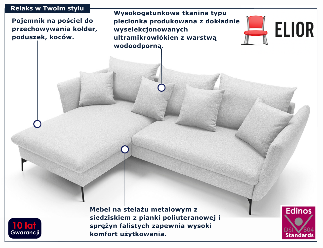 Jasnoszary narożnik nowoczesny z funkcją spania Pessio 3X
