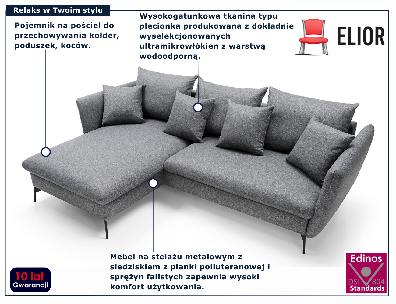 Grafitowy narożnik rozkładany z pojemnikiem Pessio 3X