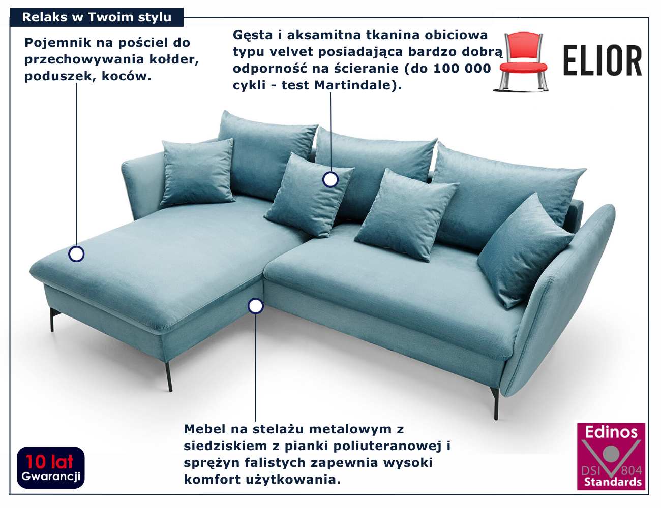 Błękitny narożnik welurowy z poduszkami Pessio 4X