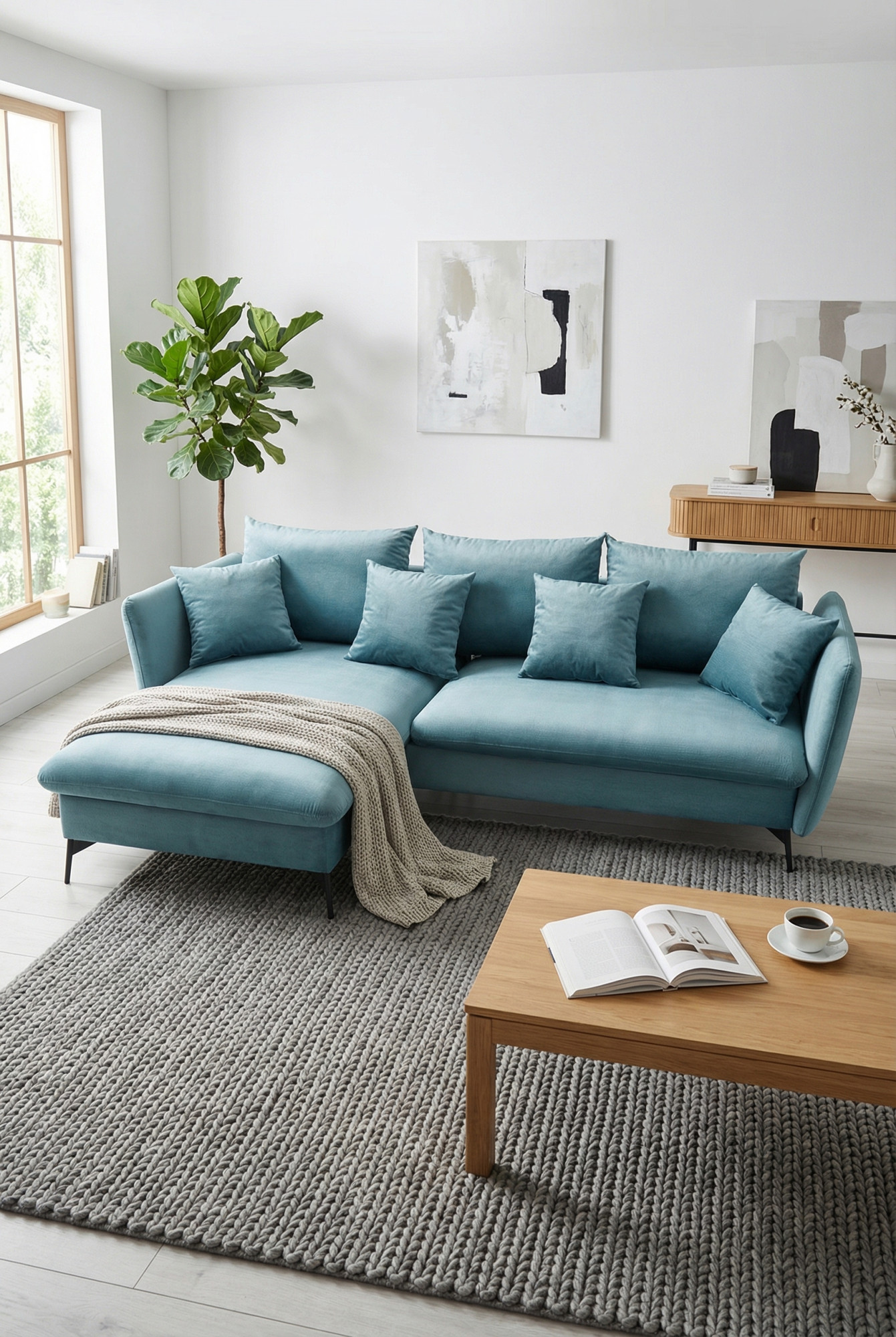 Przykładowa aranżacja z błękitnym welurowym narożnikiem Pessio 4X