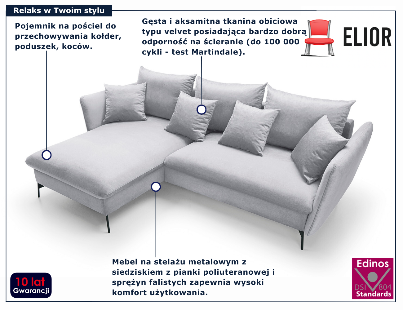 Jasnoszara kanapa narożna z funkcją spania Pessio 4X