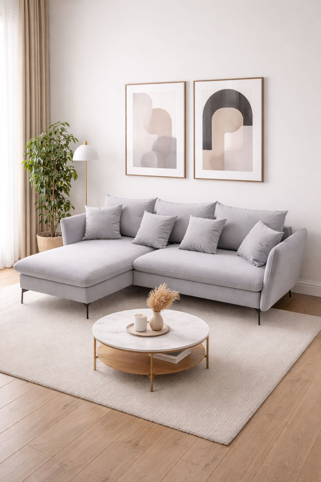 Salon z wykorzystaniem jasnoszarego narożnika welurowego Pessio 4X