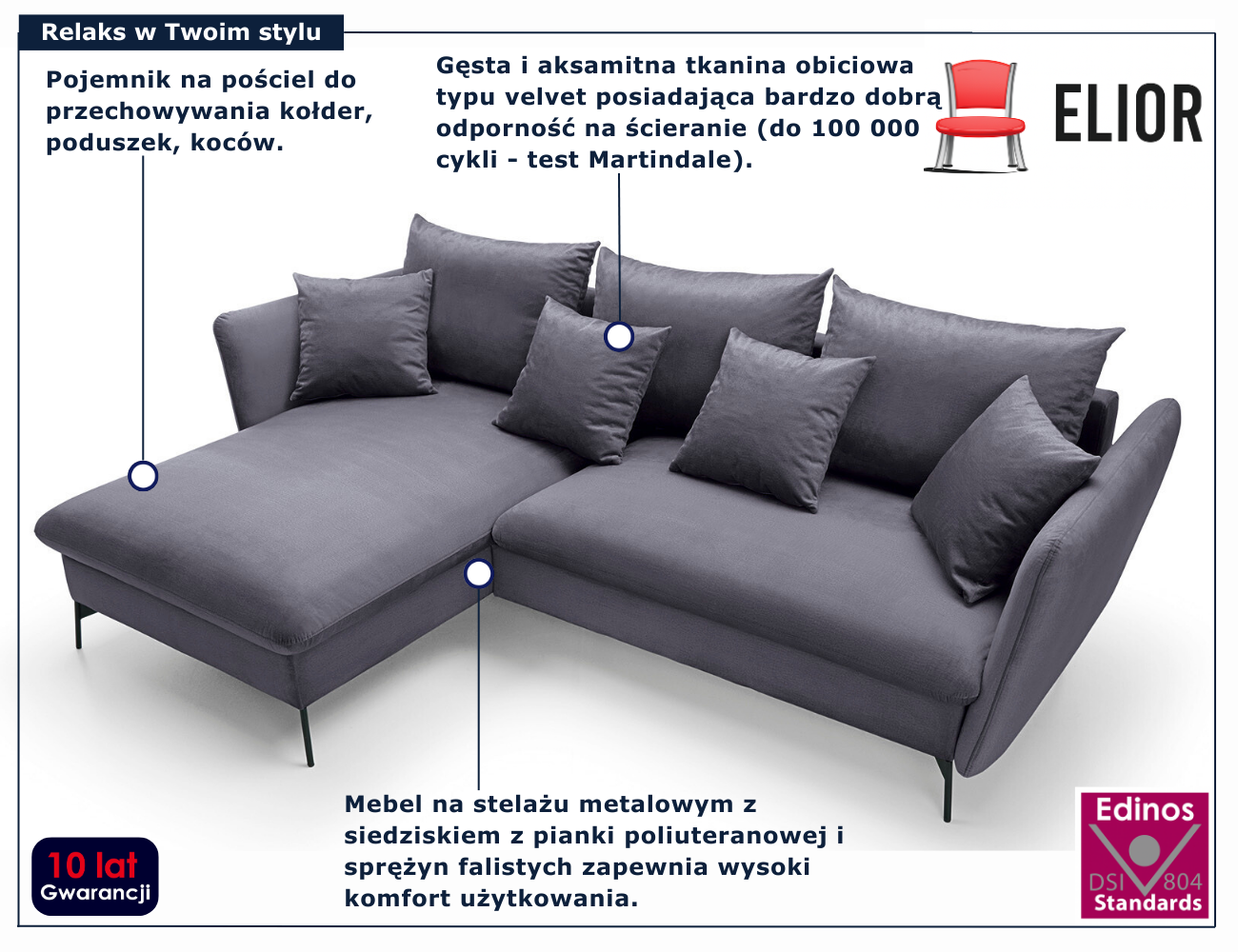 Ciemnografitowy narożnik z funkcją spania Pessio 4X