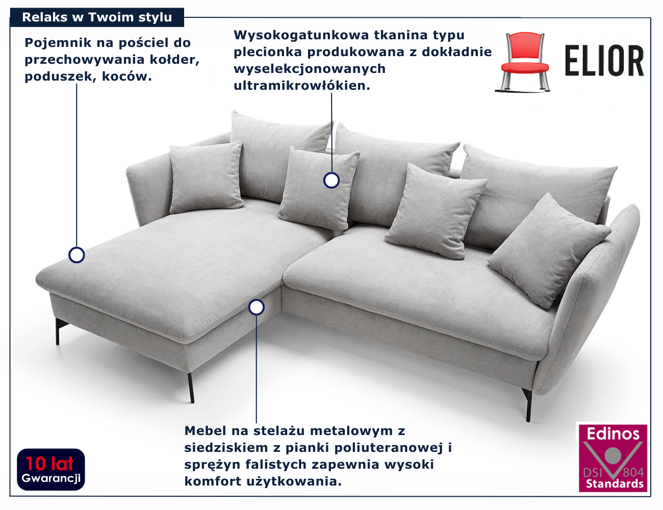 Jasnoszary narożnik z funkcją spania Pessio 5X