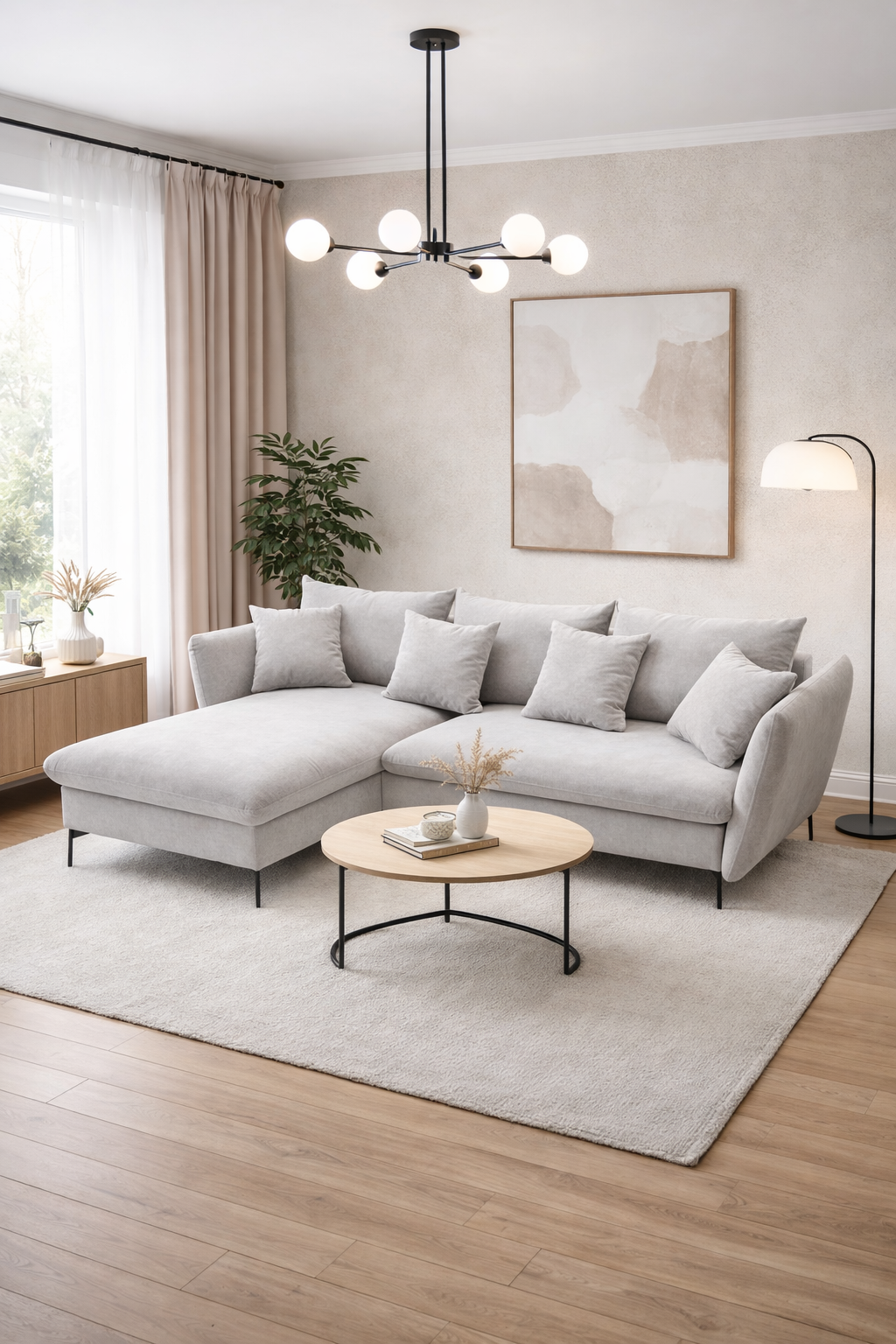 Salon w stylu nowoczesnym z jasnoszarym narożnikiem Pessio 5X