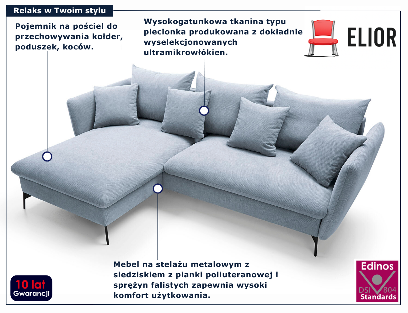 Szarobłękitna kanapa narożna z funkcją spania do salonu Pessio 5X