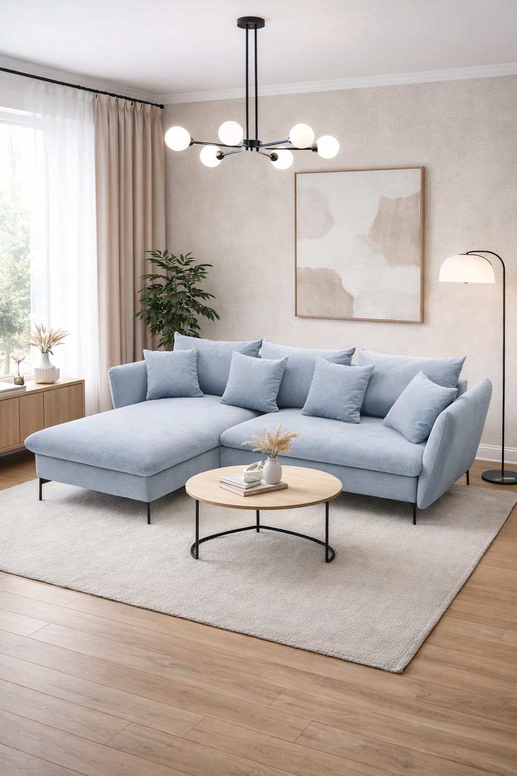 Salon nowoczesny z szarobłękitnym narożnikiem Pessio 5X
