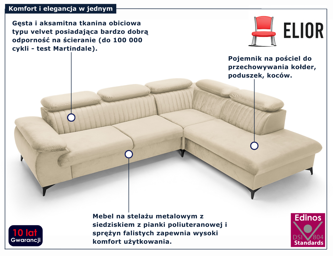 Kremowy narożnik welurowy z funkcją spania Revioni 3X