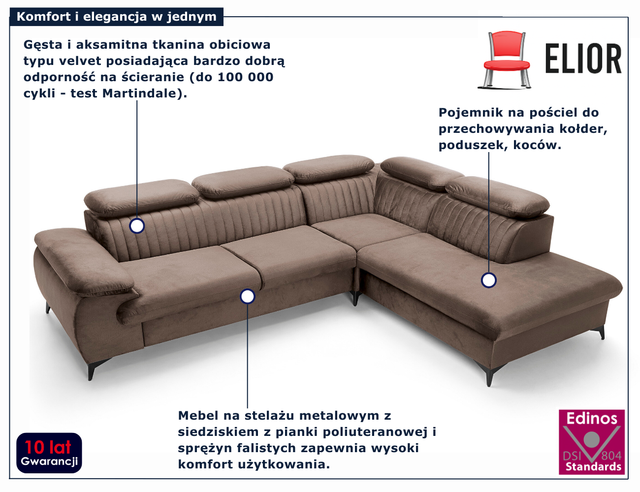 Brązowy welurowy narożnik rozkładany Revioni 3X