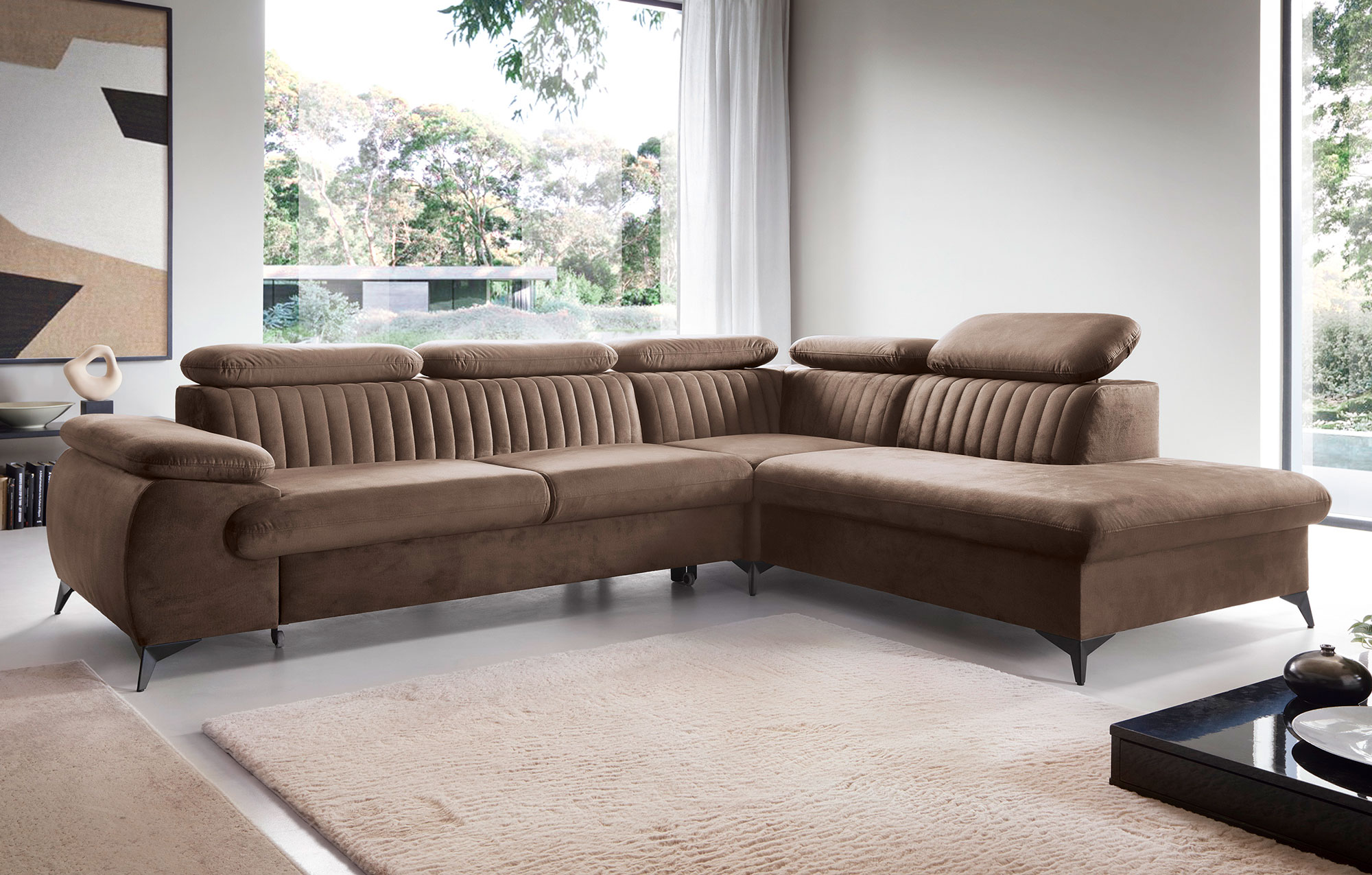 Salon nowoczesny z brązowym narożnikiem Revioni 3X