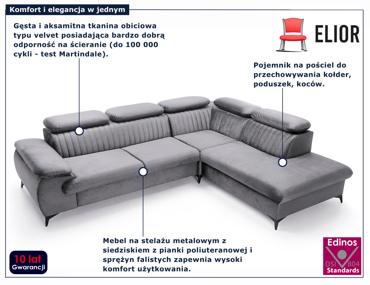 Ciemnoszary narożnik rozkładany z zagłówkami Revioni 3X