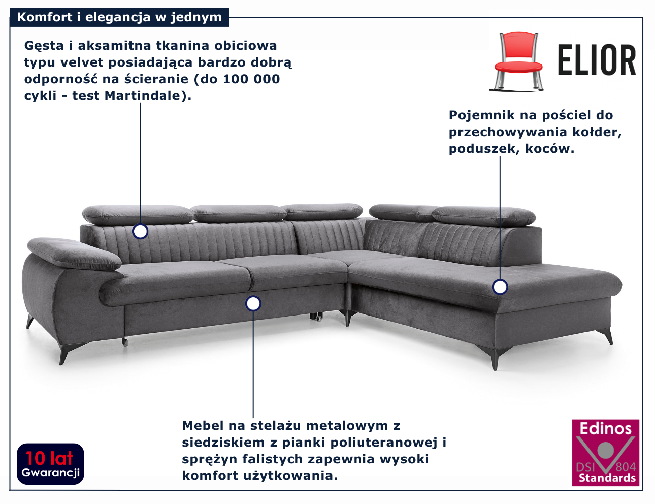 Grafitowy narożnik z funkcją spania Revioni 3X