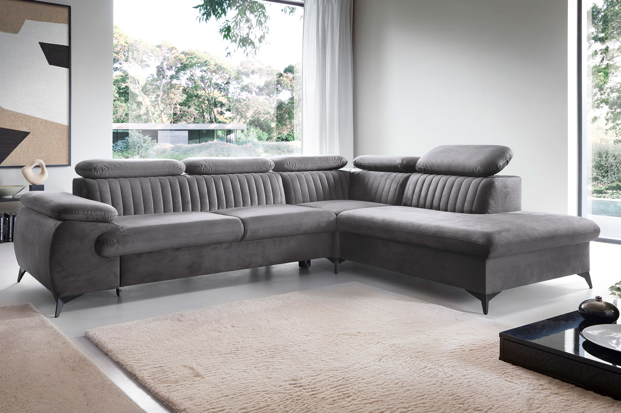 Przykładowa aranżacja wnętrza z grafitową kanapą narożną Revioni 3X