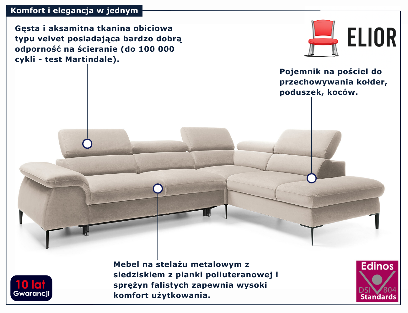 Beżowy welurowy narożnik z funkcją spania Geriod