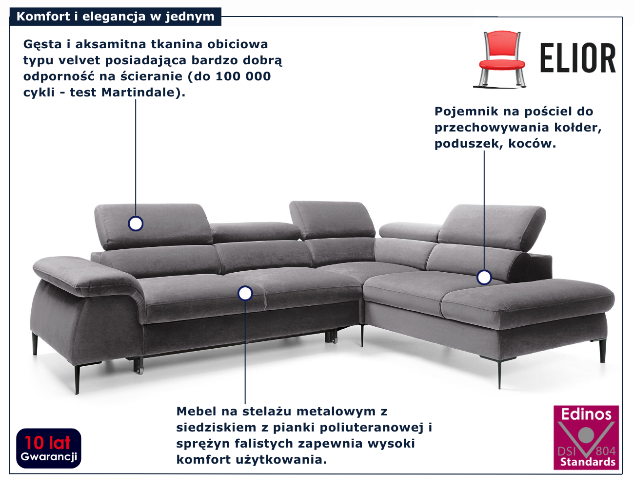 Szary narożnik rozkładany z zagłówkami Geriod