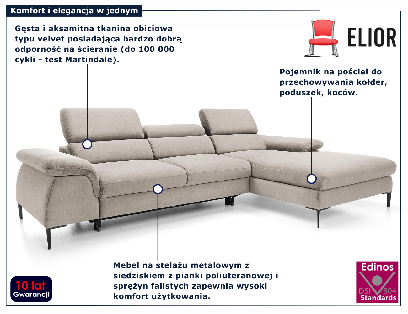 Beżowy narożnik welurowy do nowoczesnego salonu Tregio