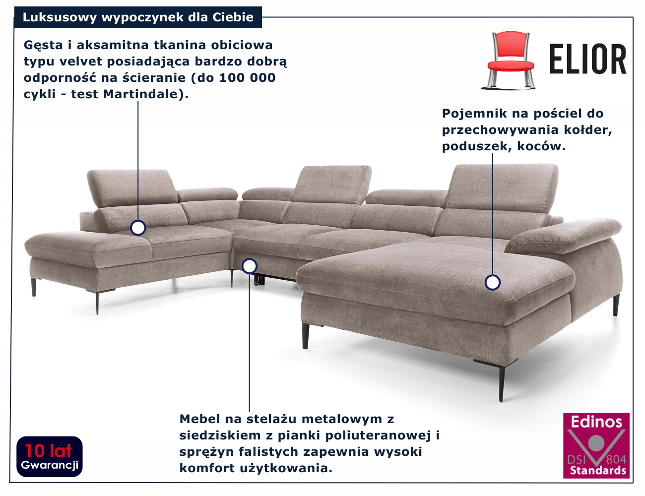 Ciemnobeżowy nowoczesny narożnik U Perioz
